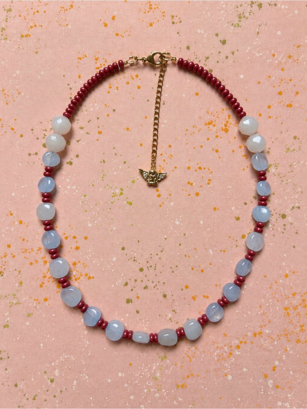 Handcrafted Blue and Red Beaded Necklace - choker with 14k gold filled cherub